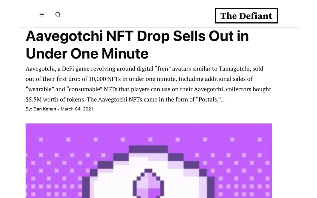 The Defiant article about the Aavegotchi NFT drop selling out quickly