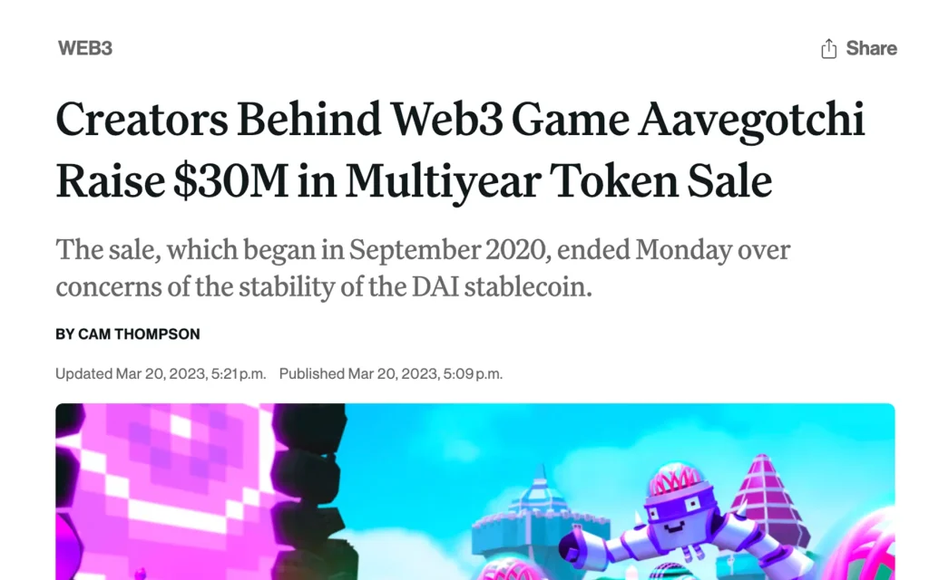 Web3 article covering Aavegotchi’s $30M multi-year token sale