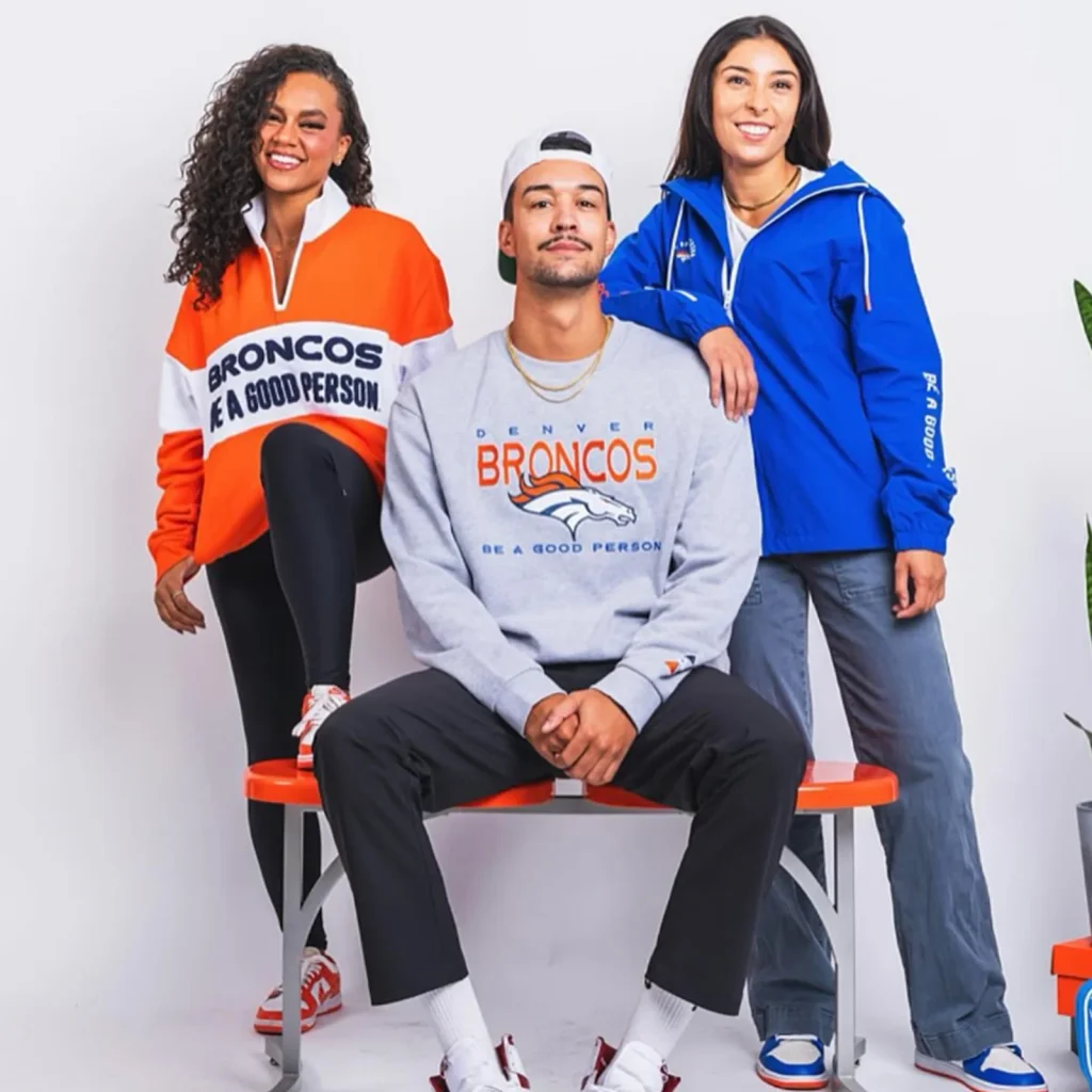 Be A Good Person social proof image showing creators wearing Broncos-themed apparel for a campaign collaboration.