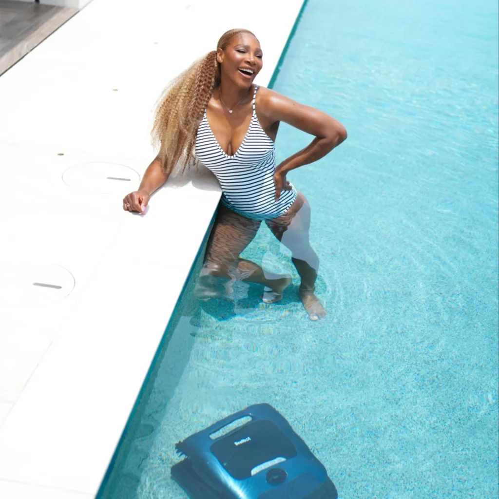 Beatbot celebrity product placement showing a pool cleaning robot beside a swimmer in a campaign proof image.