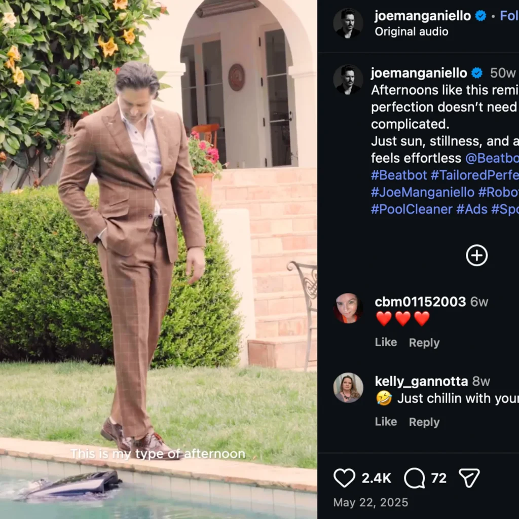 Beatbot celebrity product placement showing a pool cleaning robot featured in a social media campaign post.
