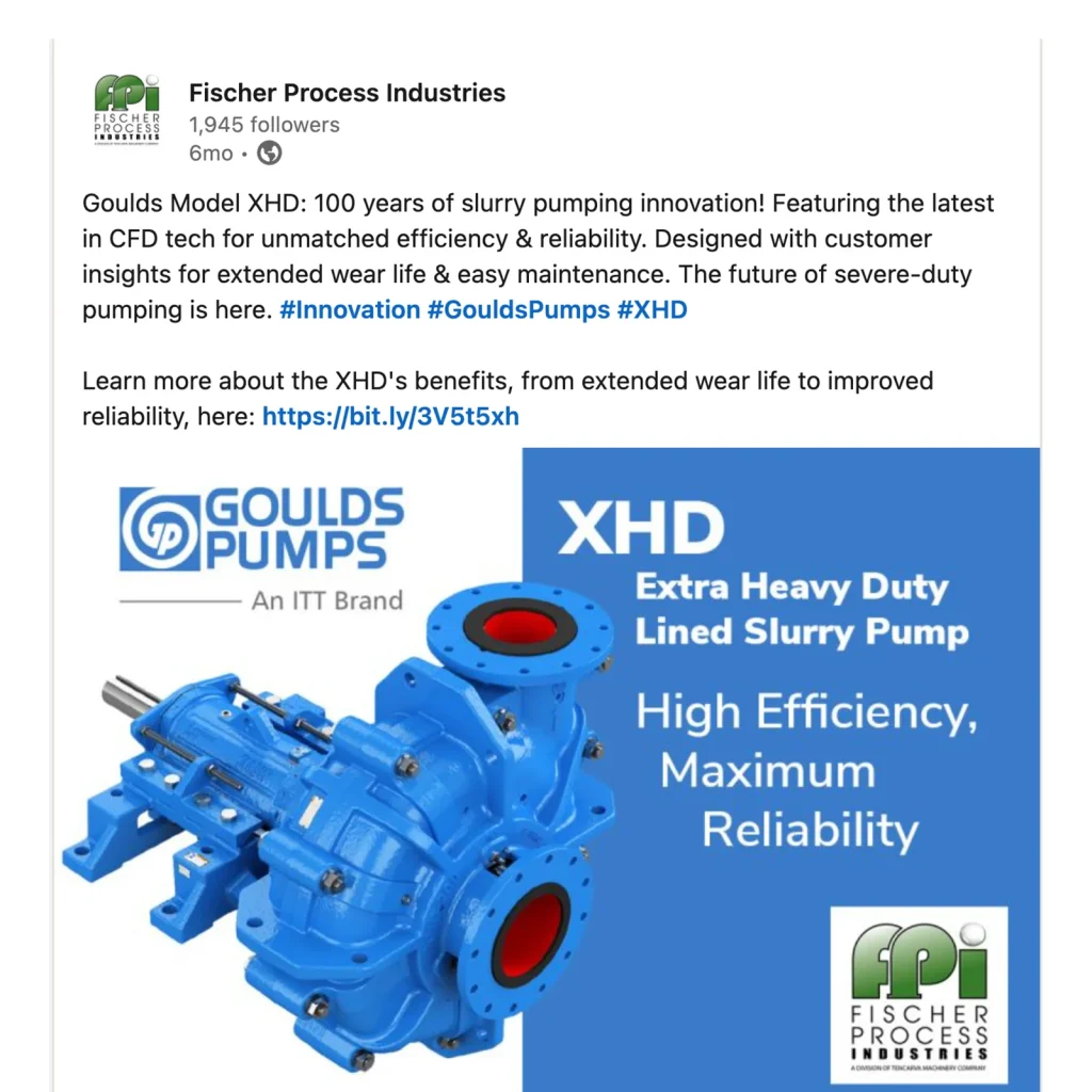 Fischer Process Industries Facebook proof image showing a product-focused social post for industrial pump equipment.