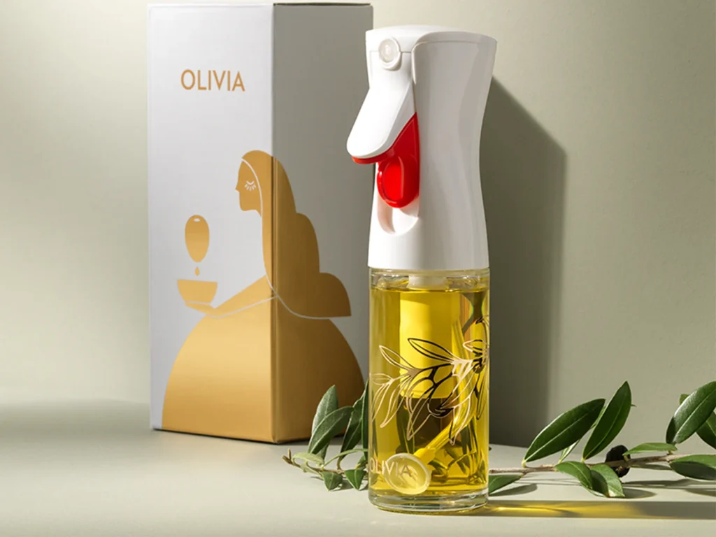 Flairosol Olivia kitchen oil sprayer product with olive oil and branded packaging