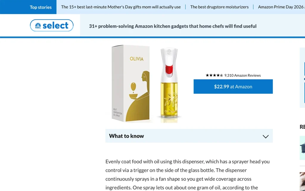 Flairosol Olivia NBC Select proof image showing media placement for the Olivia oil sprayer.