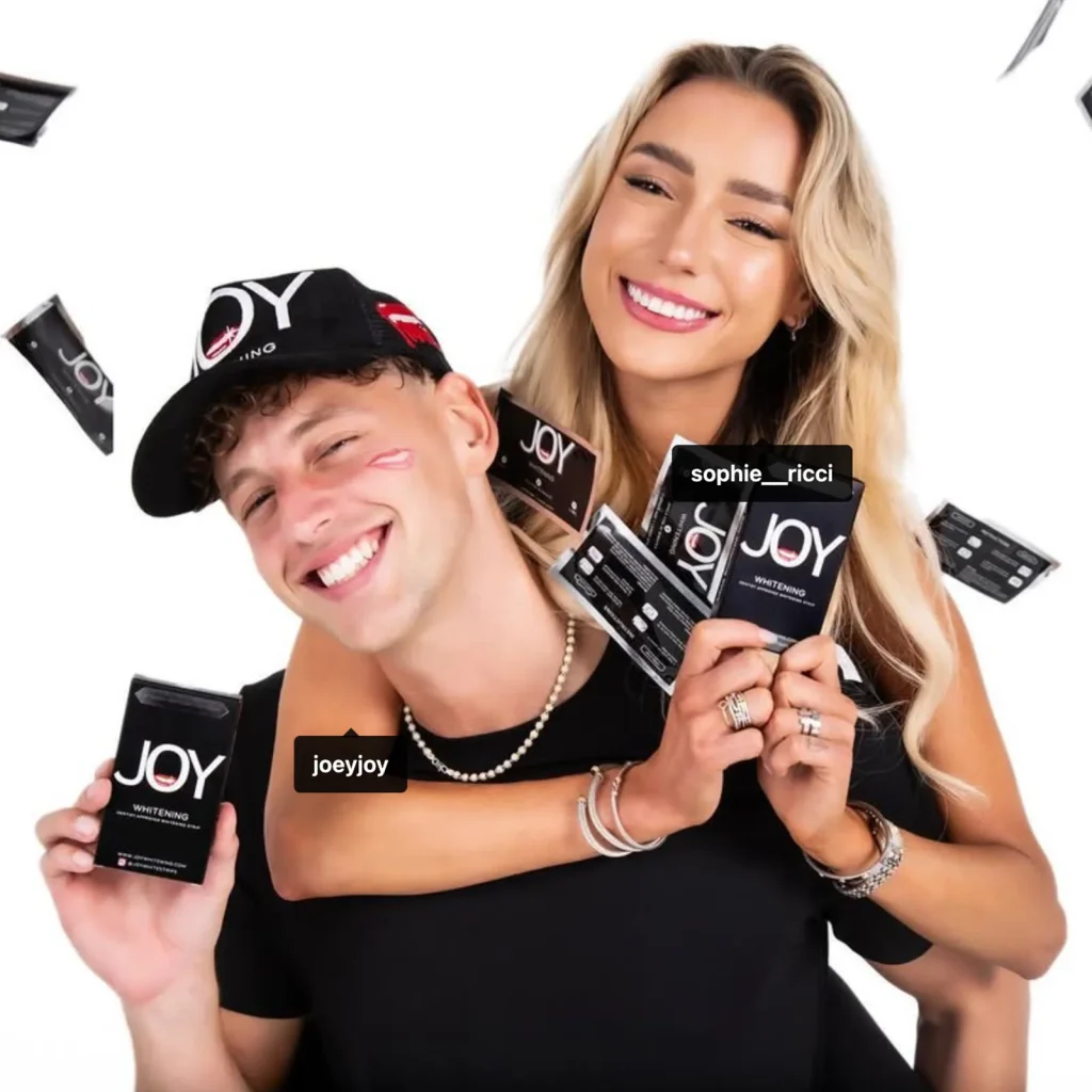 Joy Whitening creator proof image showing influencers holding whitening products for a campaign collaboration.