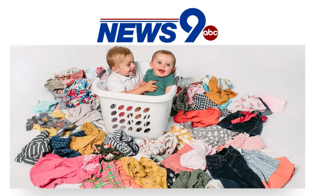 Legacy Bundles News 9 media proof image showing coverage of a kids’ clothing swap service.