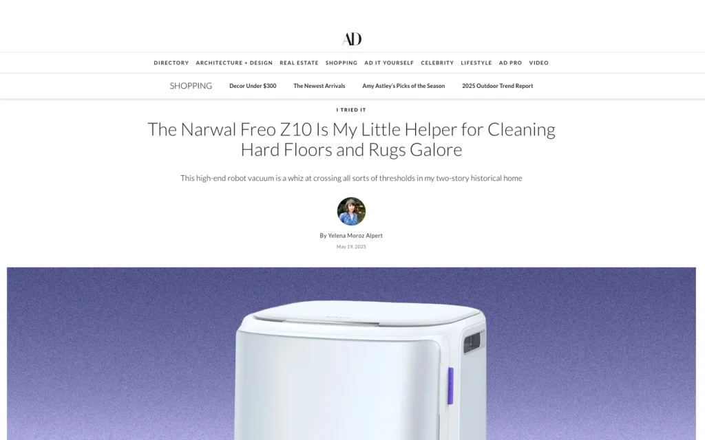 Narwal Architectural Digest media proof image showing editorial coverage of the Freo Z10 robot vacuum.