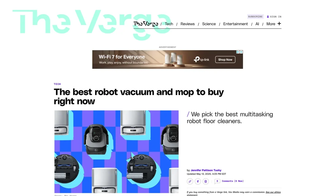 Narwal The Verge media proof image showing editorial coverage of robot vacuum and mop recommendations.