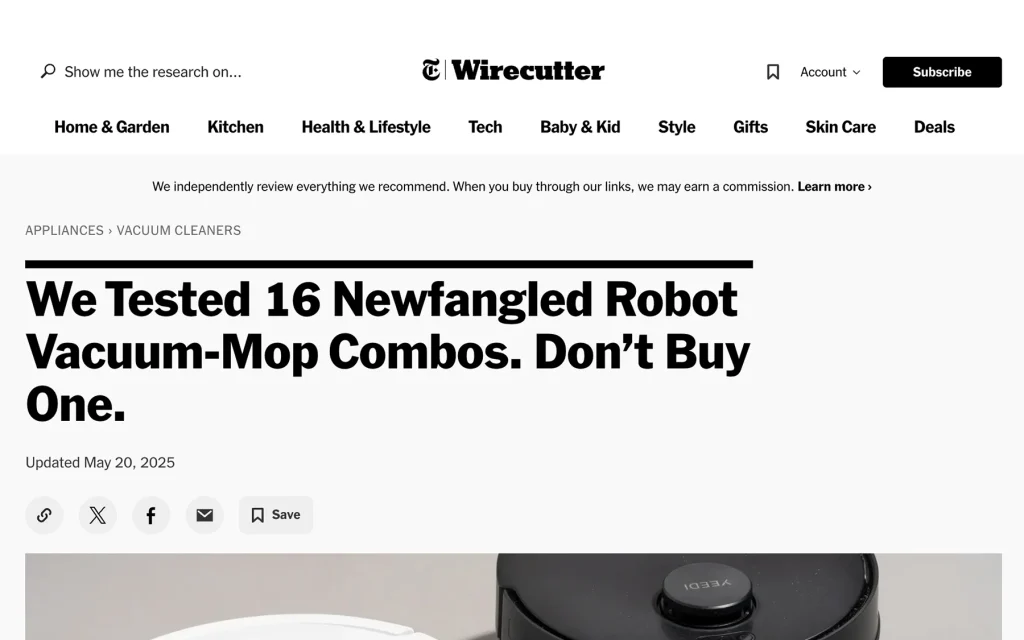 Narwal Wirecutter media proof image showing editorial coverage of robot vacuum and mop testing.