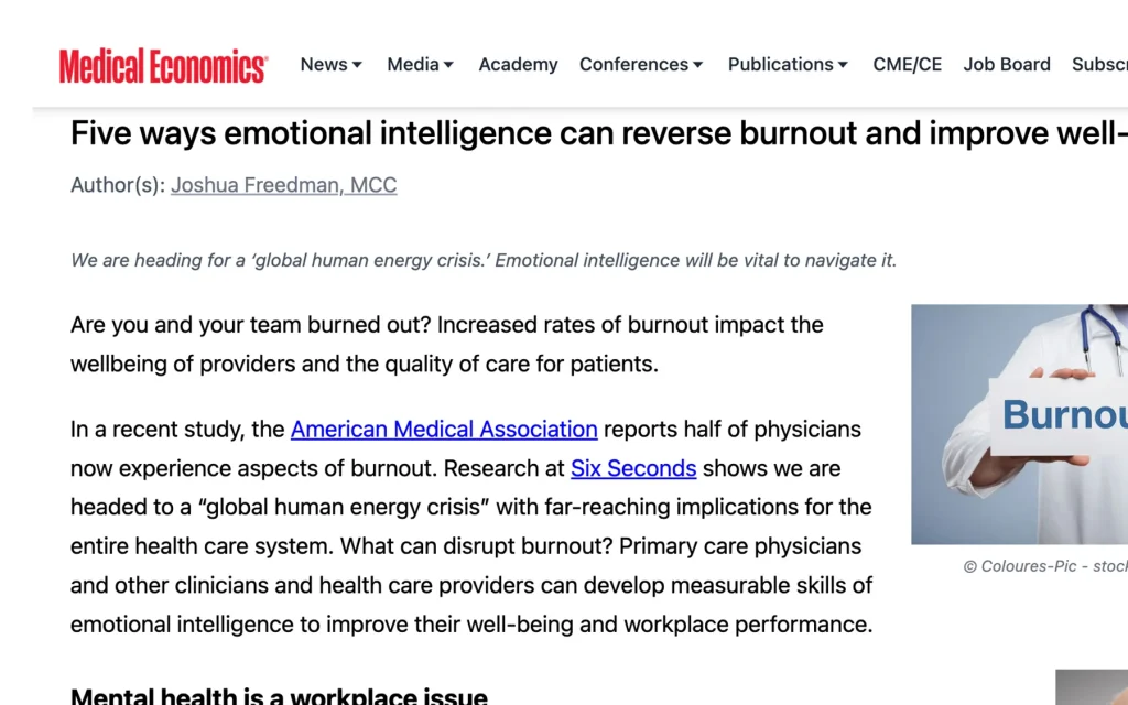 Six Seconds Medical Economics media proof image showing editorial coverage of emotional intelligence, burnout, and workplace well-being.