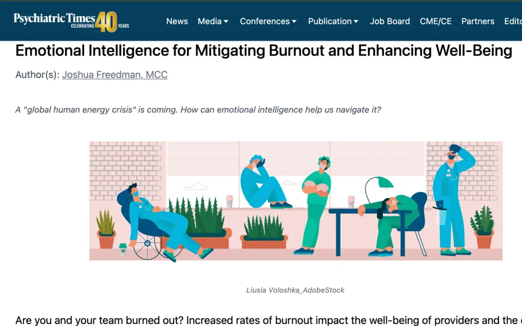 Six Seconds Psychiatric Times media proof image showing editorial coverage of emotional intelligence, burnout, and well-being.