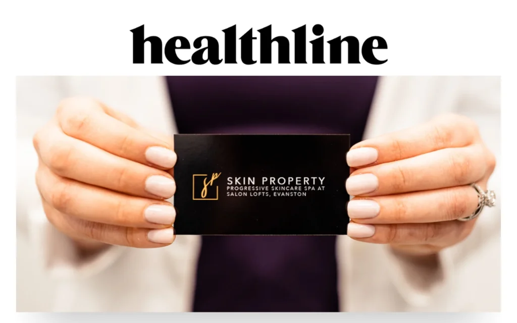 Skin Property Healthline media proof image showing skincare brand coverage with a Skin Property business card.