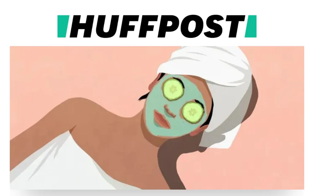 Skin Property HuffPost media proof image showing skincare-focused editorial coverage with a facial treatment illustration.