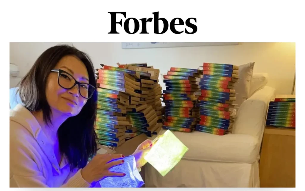 Solight Design Forbes media proof image showing founder Alice Chun with SolarPuff lights.