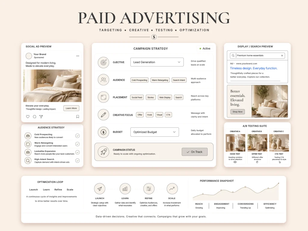 Paid advertising service overview featuring campaign strategy, social ad previews, search and display ad mockups, A/B testing, audience targeting, and performance tracking for Milo Agency.