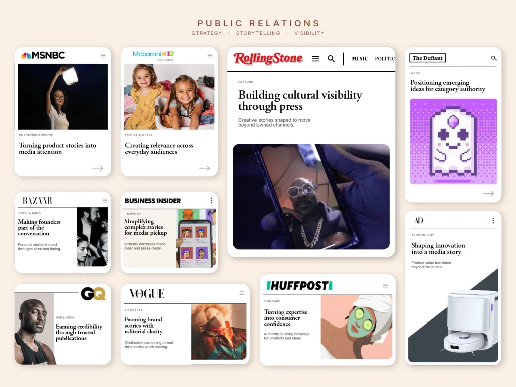 Public relations service overview featuring media placement examples, press coverage mockups, and brand visibility highlights for Milo Agency.